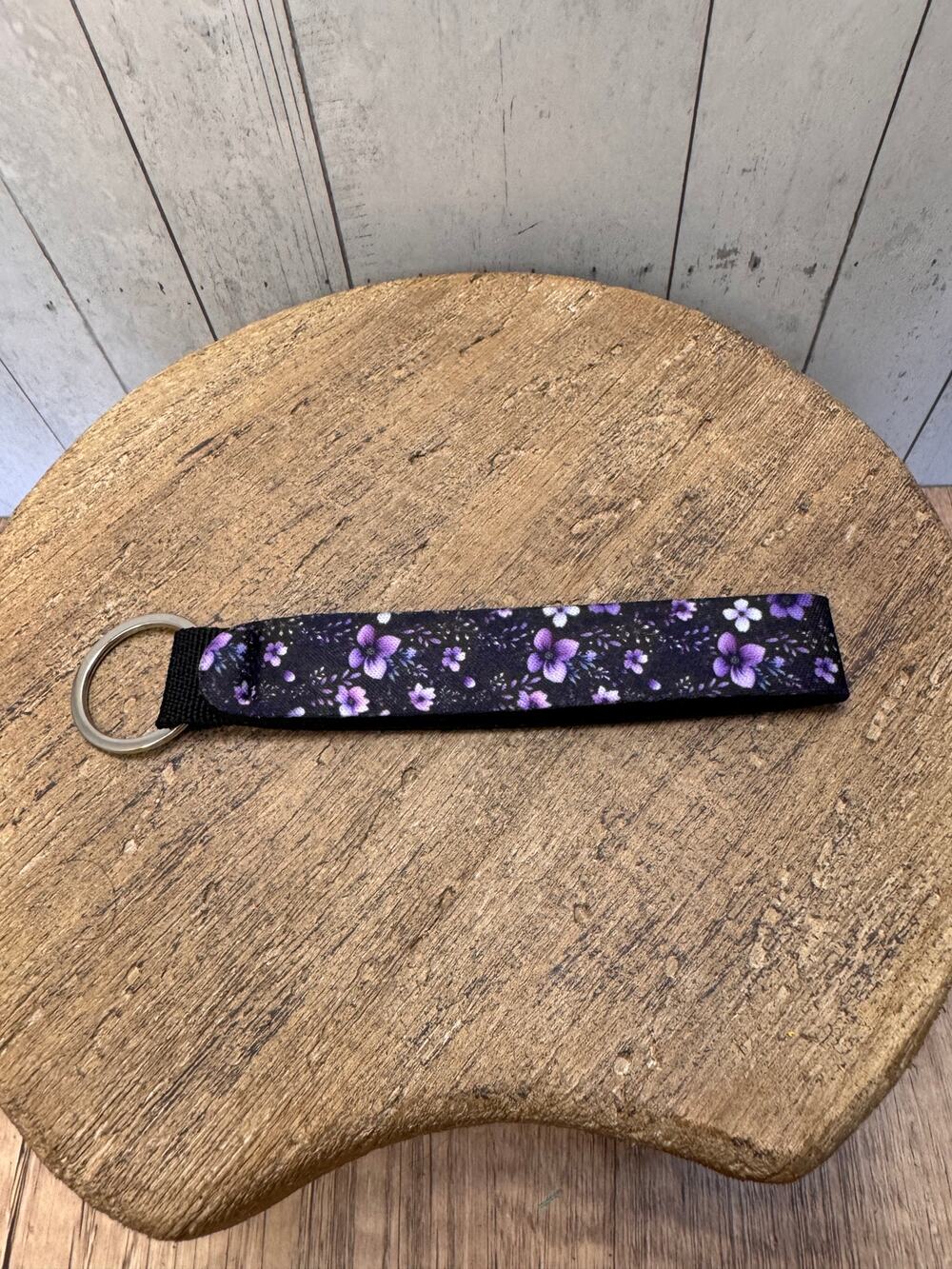 Black Purple Flowers Wristlet Strap Phone Strap Keychain Keyholder